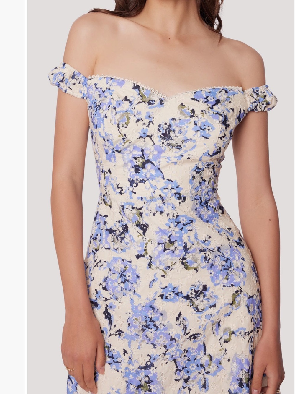 Lost + Wander Blue Floral One-Shoulder Midi Dress on Cream Base